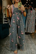 Blue Beau Floral Print Pleated High Waist Wide Leg Denim Jumpsuit