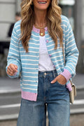 Sky Blue Stripe Striped Long Sleeve Round Neck Casual Open Front Cardigan