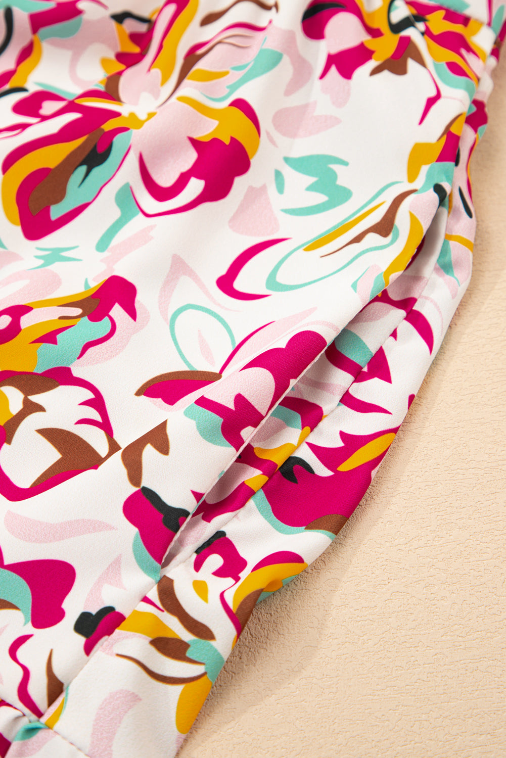 White Abstract Print V Neck Short Sleeve Ruffled Plus Size Mini Dress