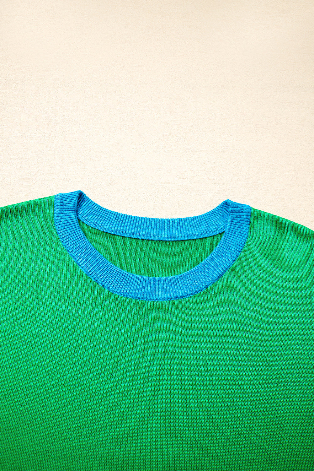 Green Contrast Trim Round Neck Short Sleeve Loose Knit Sweater