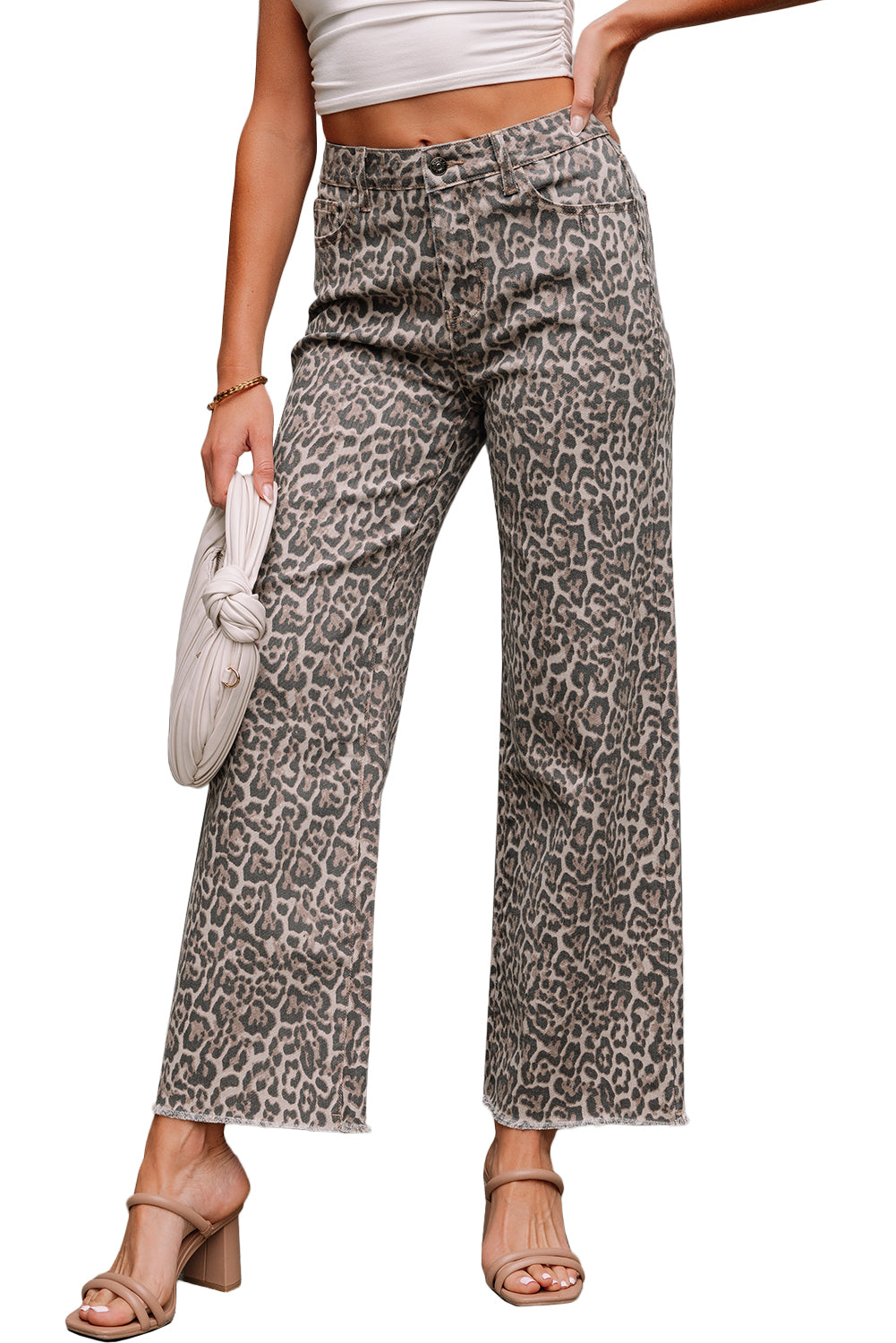 Brown Leopard Frayed Edge Wide Leg High Waist Jeans