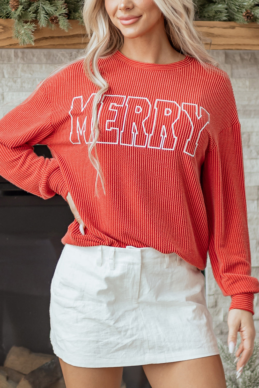 Fiery Red Twisted Rib Outlined Merry Letter Graphic Loose Long Sleeve Top