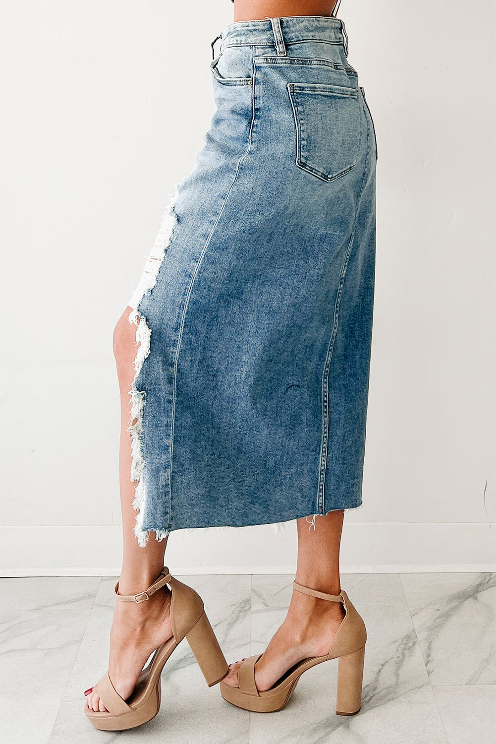 Myosotis Irregular Distressed Bottom Denim Midi Skirt