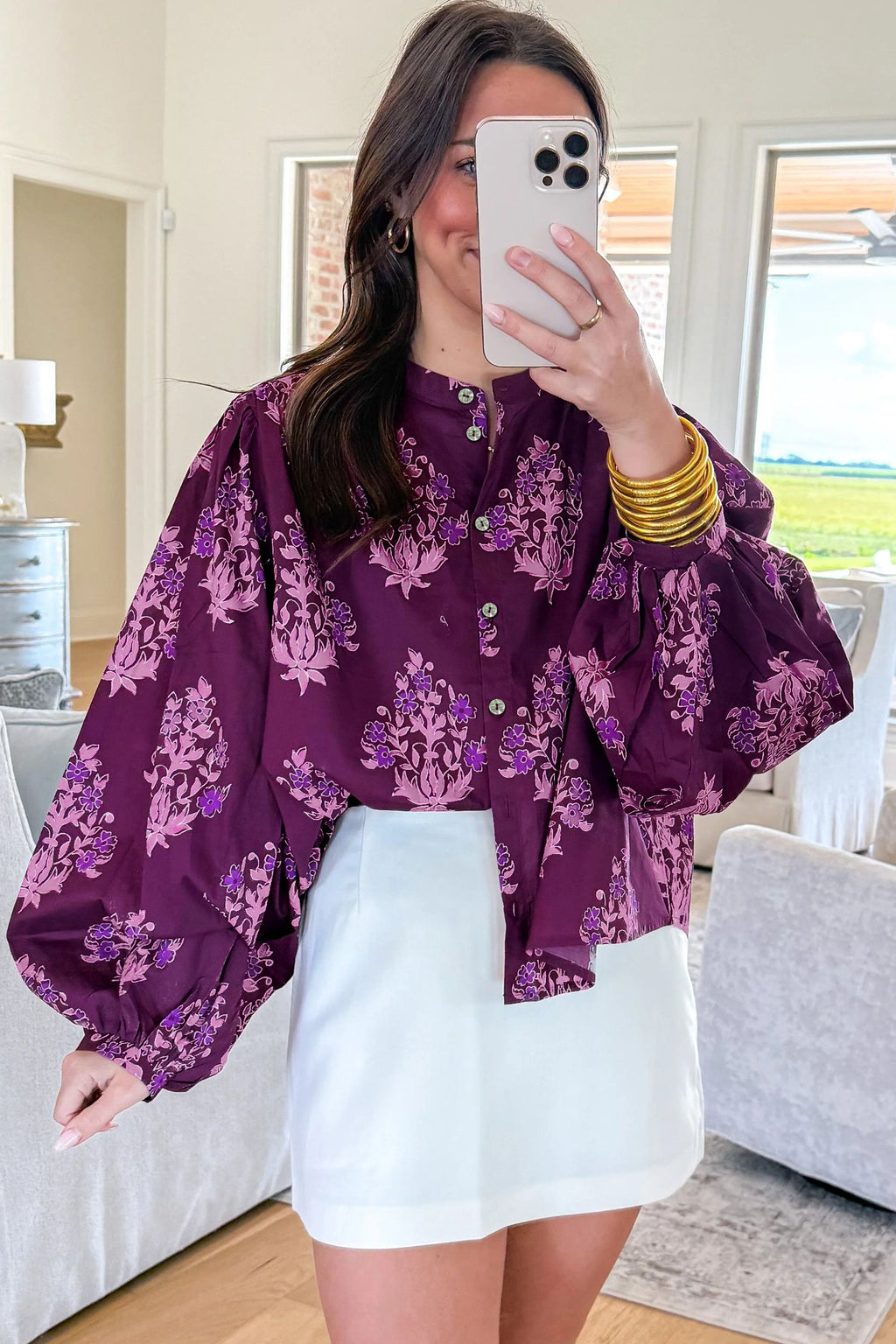 Purple Floral Print Button Front Long Sleeve Round Neck Casual Shift Top