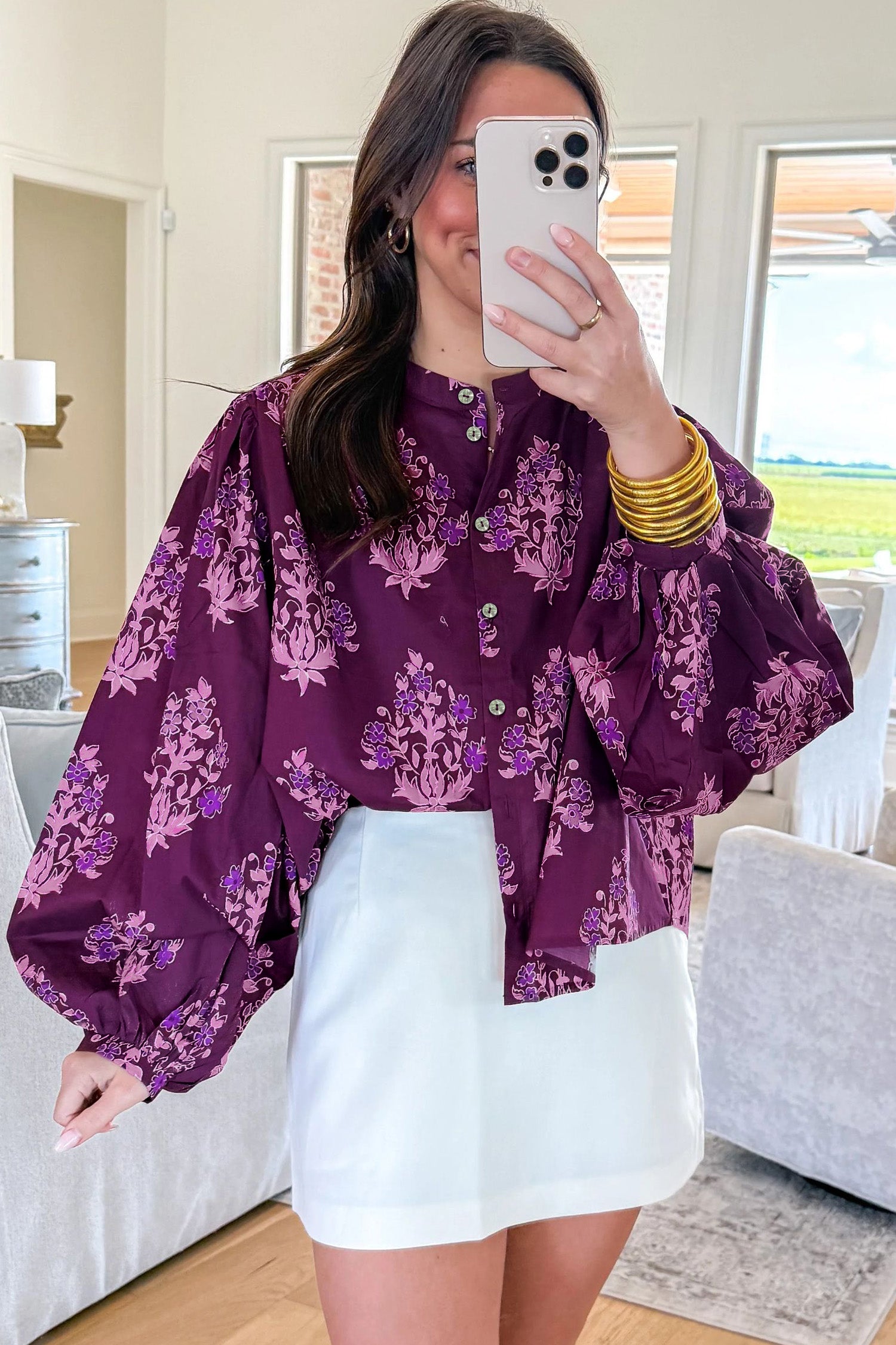 Purple Floral Print Button Front Long Sleeve Round Neck Casual Shift Top