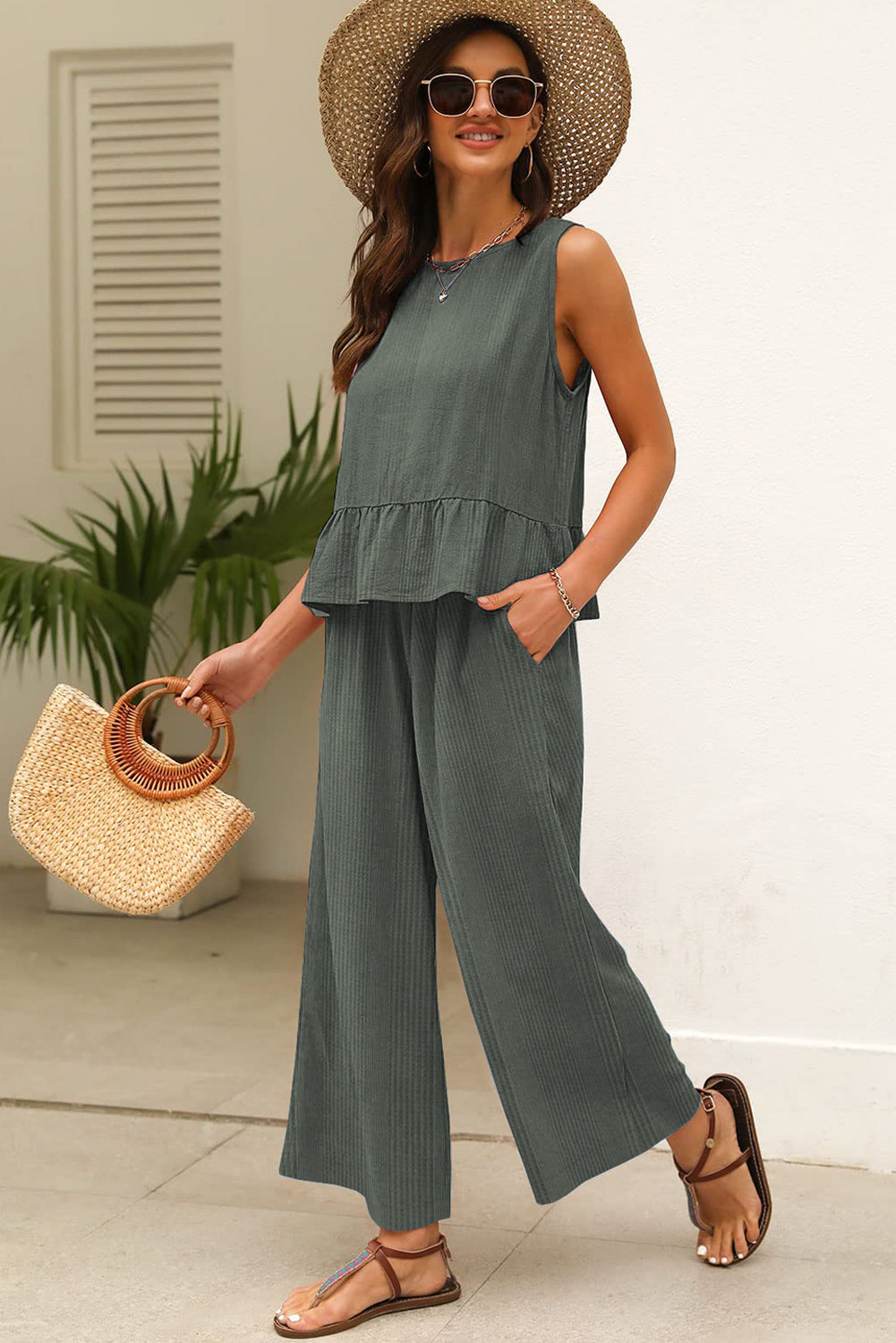 Green Solid Color Ribbed Ruffle Tank Top and Pants Set