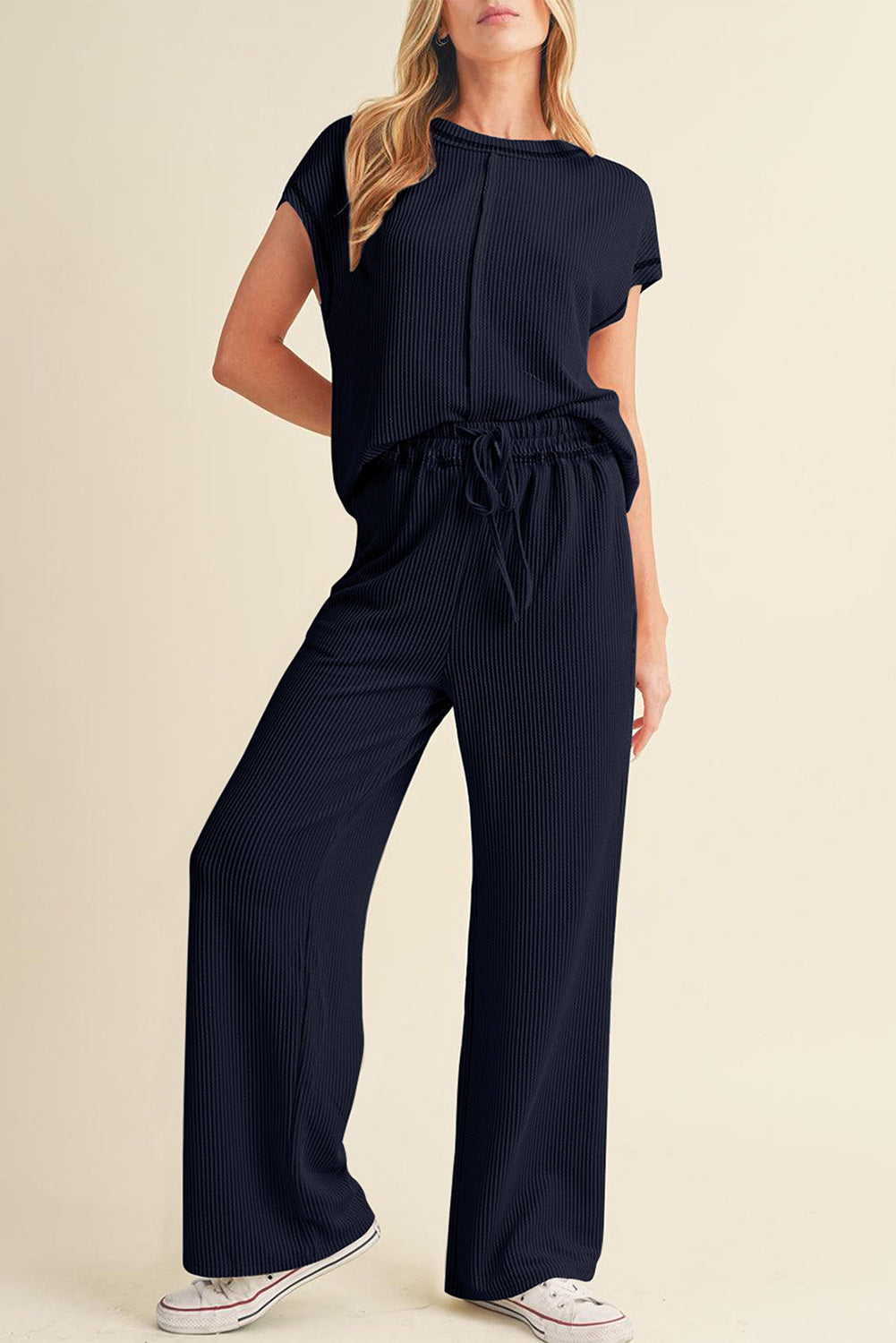 Coffee Solid Color Corded Short Sleeve Top and Casual Pants Set