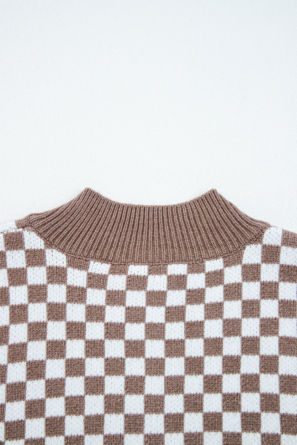 Dark Brown Half Button Ribbed Trim Checkerboard Knit Sweater
