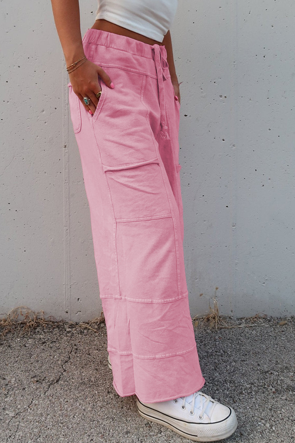 Mint Green Mineral Wash Exposed Seam Drawstring High Waist Wide Leg Cargo Pants