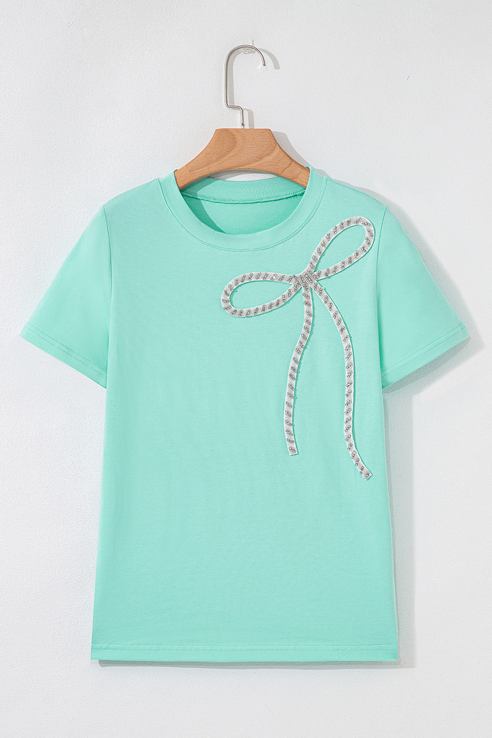 Mint Green Rhinestone Bow Embellished Round Neck Tee