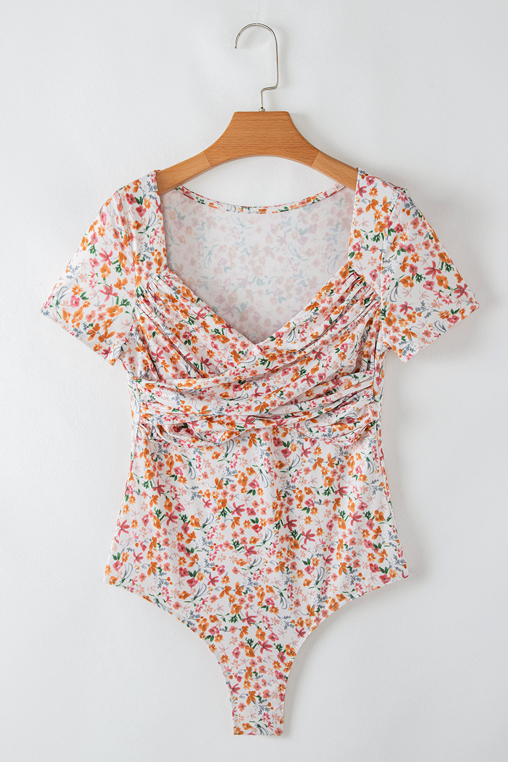 Orange Short Sleeve Floral Ruched Sweetheart Bodysuit