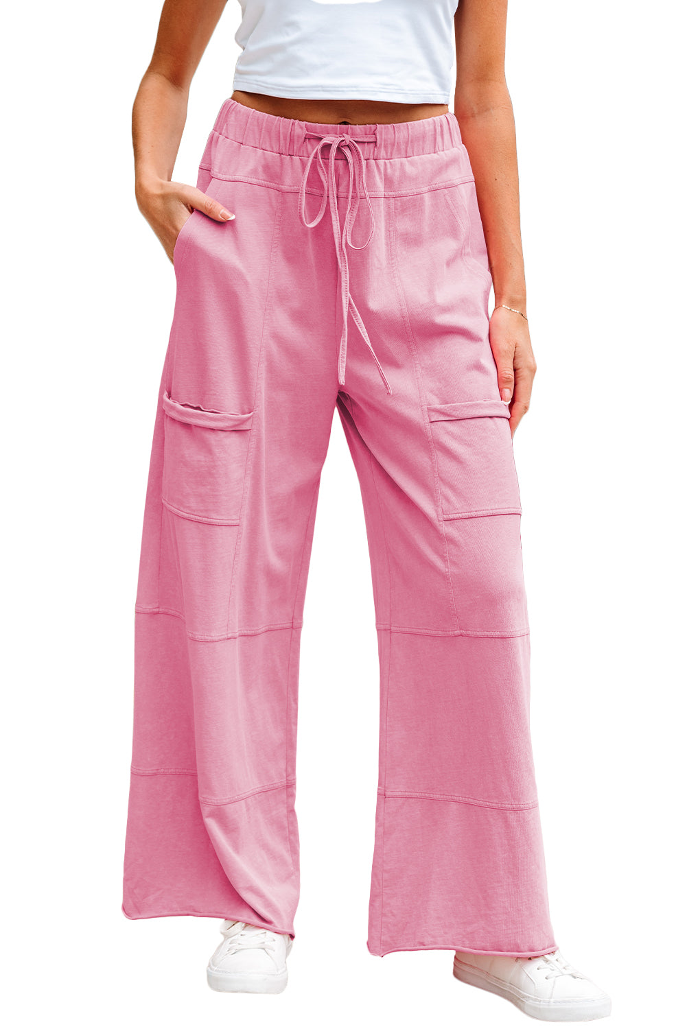 Mint Green Mineral Wash Exposed Seam Drawstring High Waist Wide Leg Cargo Pants