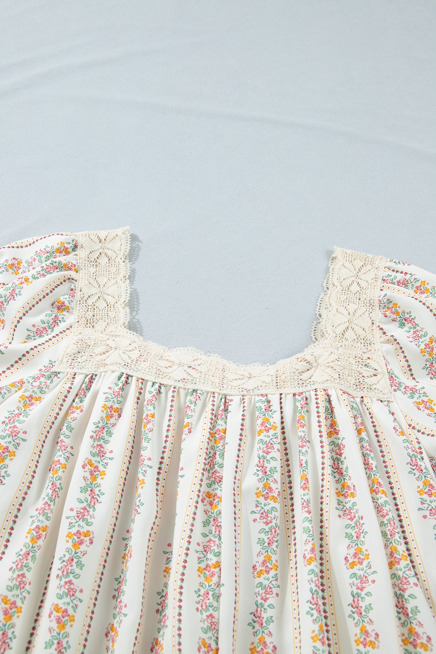 Multicolour Floral Print Contrast Ribbon Bow Lace Trim Square Neck Mini Dress