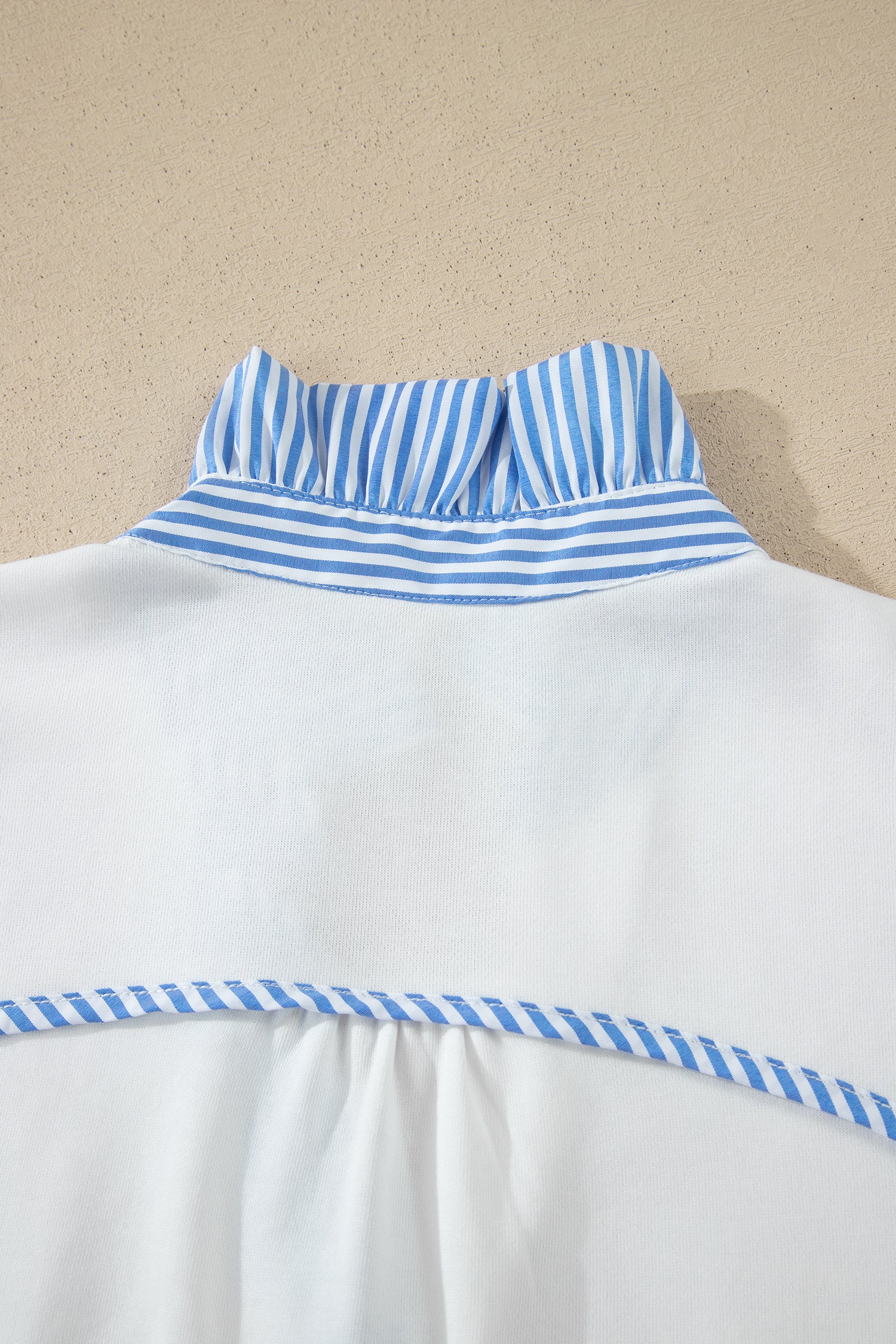 Sky Blue Striped Frilled Collar Short Sleeve Blouse