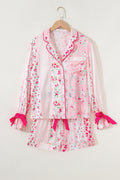 Pink Mixed Floral Print Contrast Piping Trim Satin Tie 2pcs Pajama Set
