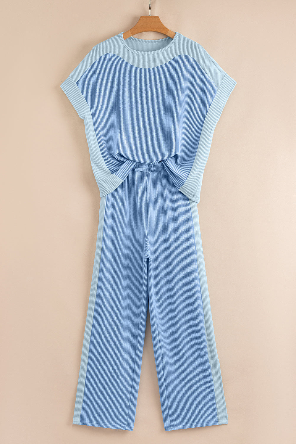 Sky Blue 2-tone Colorblock Patchwork Corded 2pcs Outfit