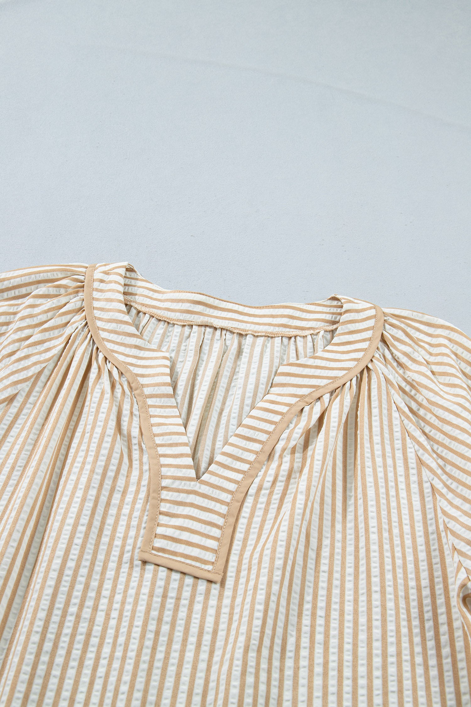 Khaki Stripe V Neck Floral Embroidered Long Sleeve Blouse