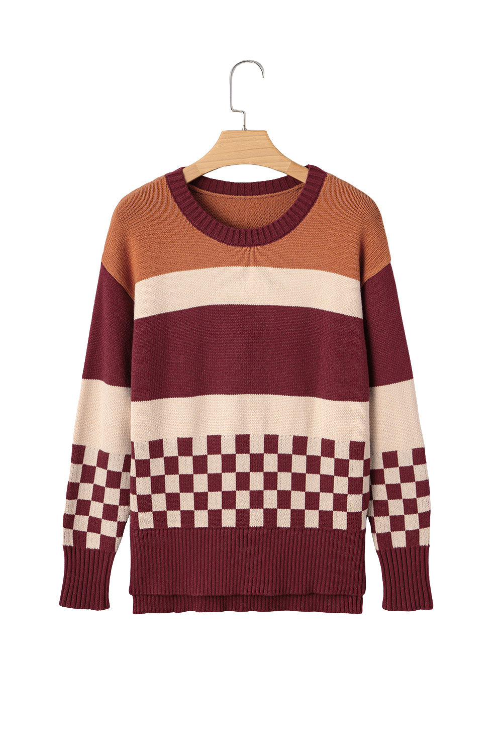 Brown Checkered Color Block Knitted Drop Shoulder Sweater