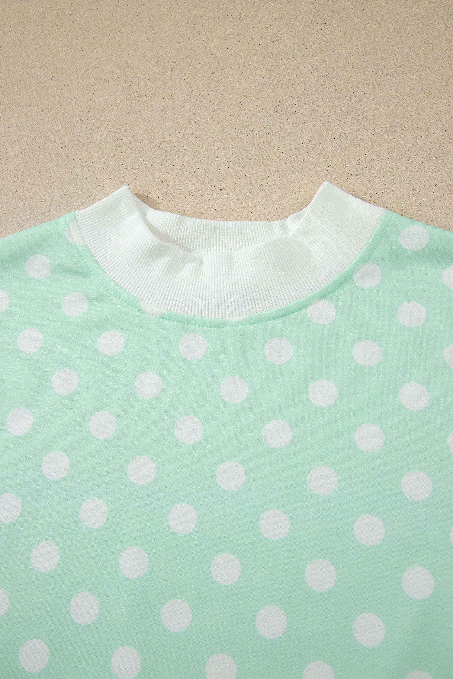 Sky Blue Polka Dot Print Color Block Trim Mock Neck Short Set
