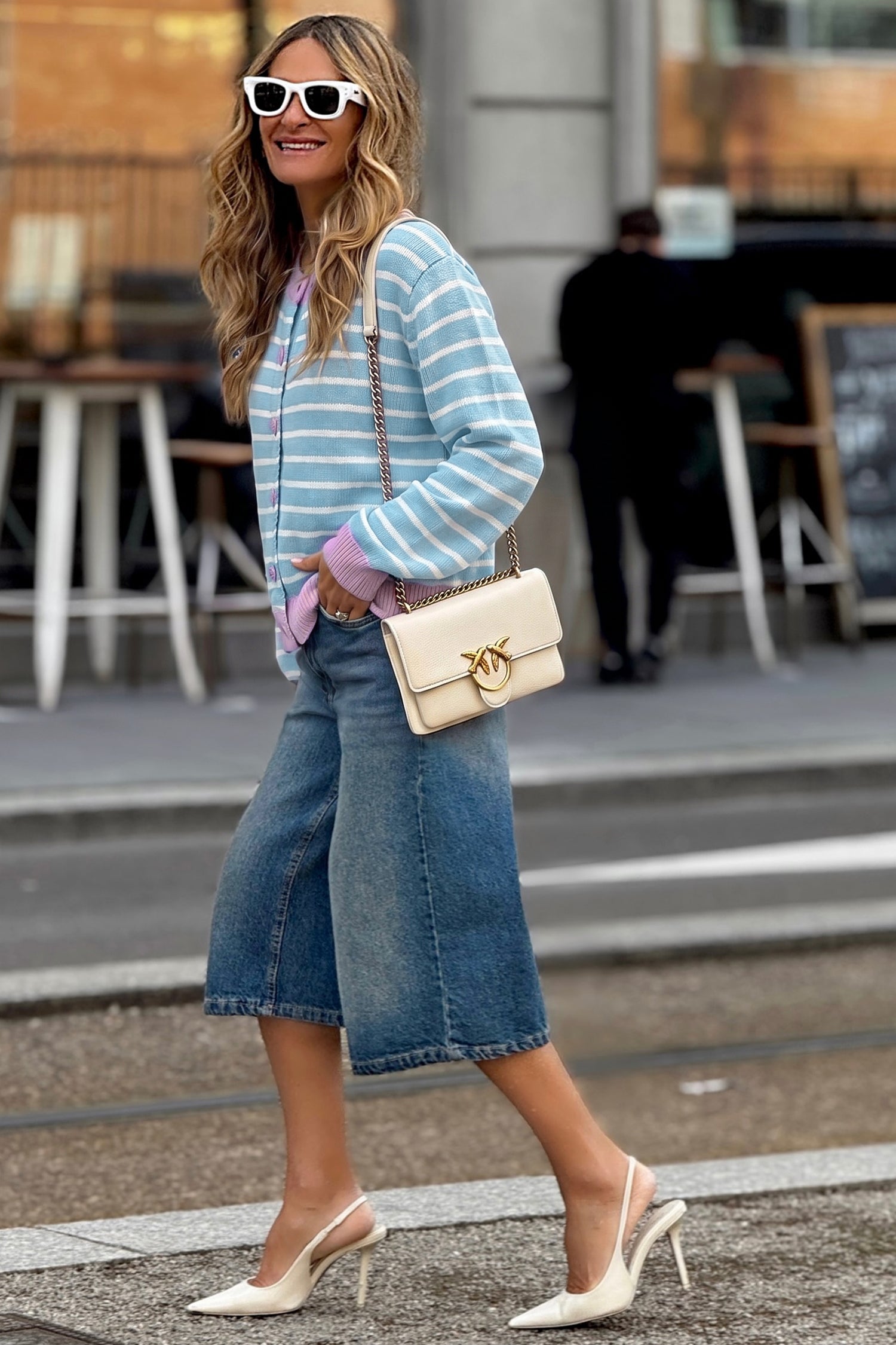 Sky Blue Stripe Striped Long Sleeve Round Neck Casual Open Front Cardigan