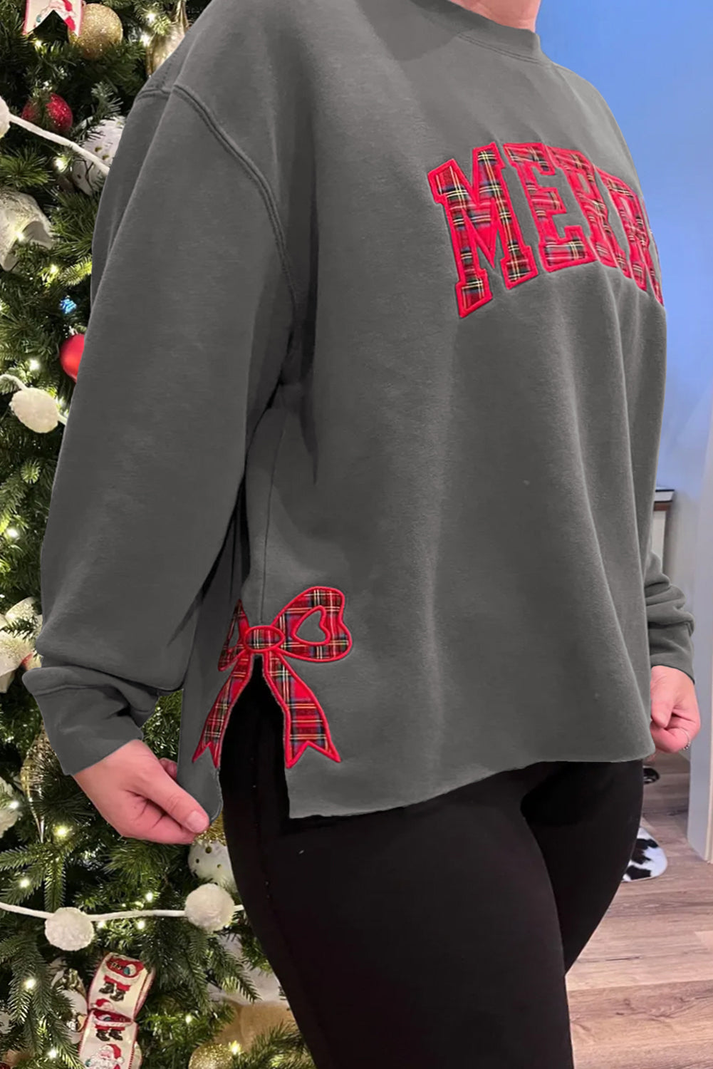 Medium Grey Plaid MERRY Bow Embroidered Plus Size Sweatshirt with Side Slits