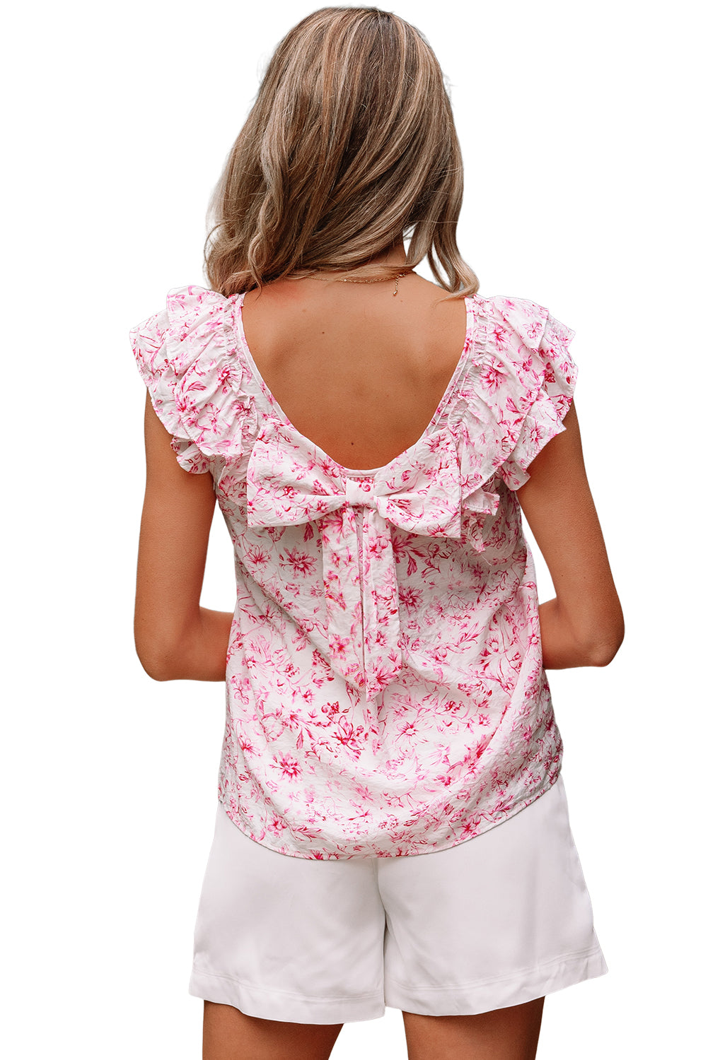 Pink Floral Ruffled Short Sleeve Bow Back Square Neck Blouse