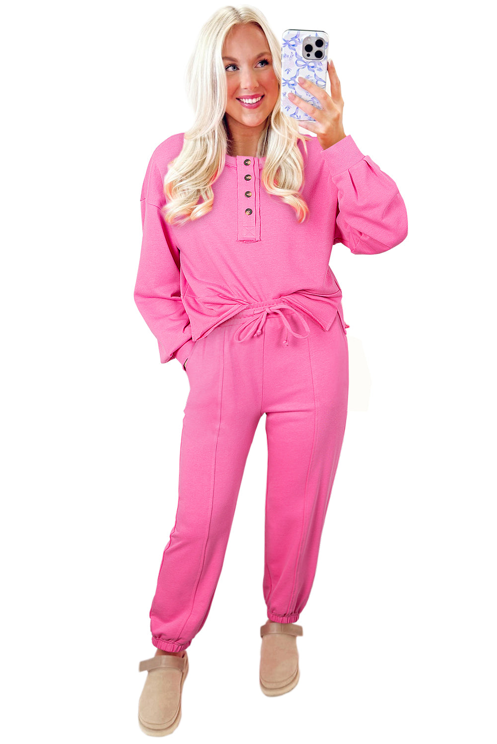 Bright Pink Raw Edge Half Buttons Pullover and Jogger Pants Set