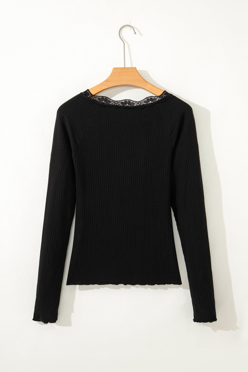 Beige Lace Neckline Button Decor Lettuce Edge Long Sleeve Ribbed Top