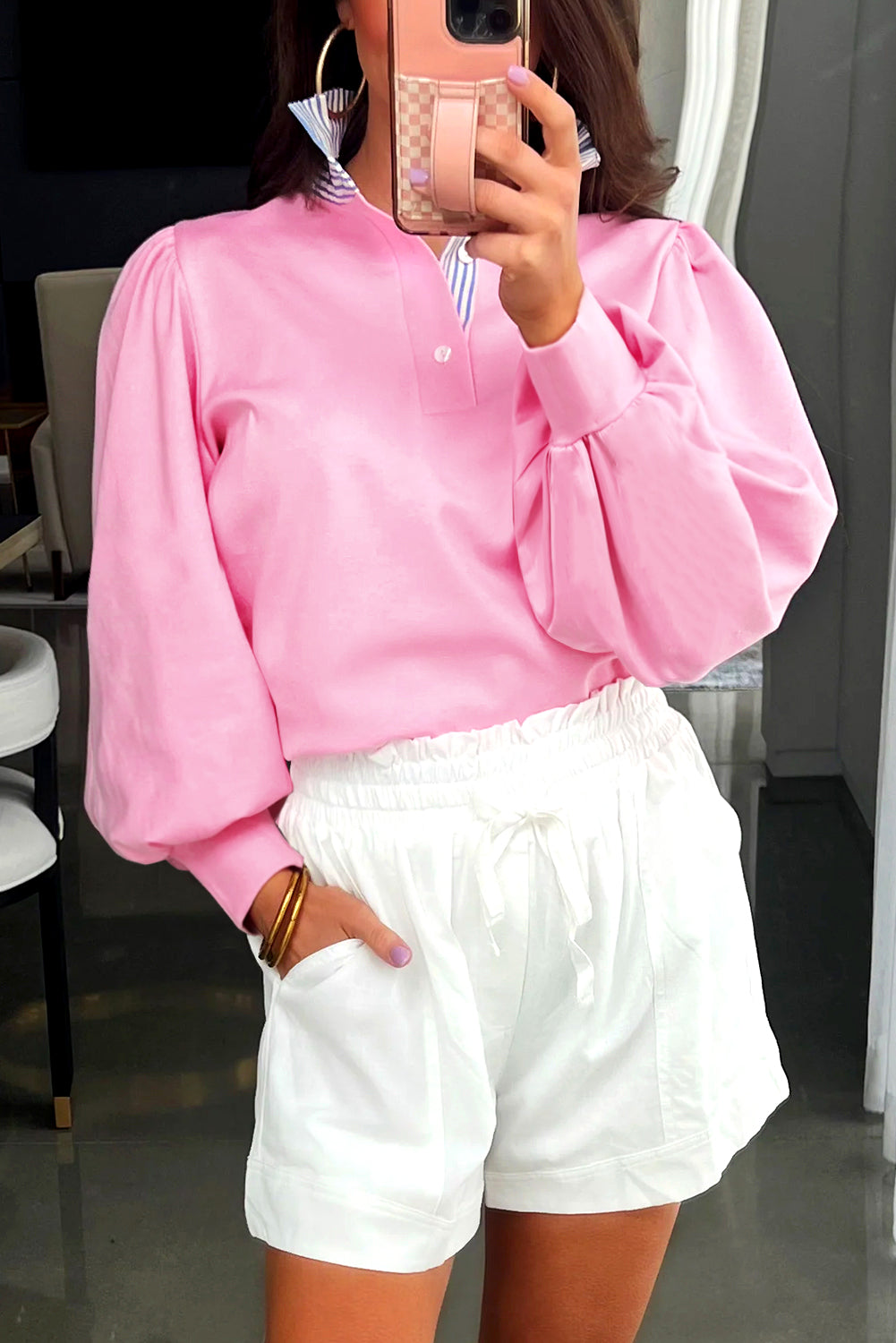 Bonbon Button Striped Collar Patchwork Puff Sleeve Sweatshirt