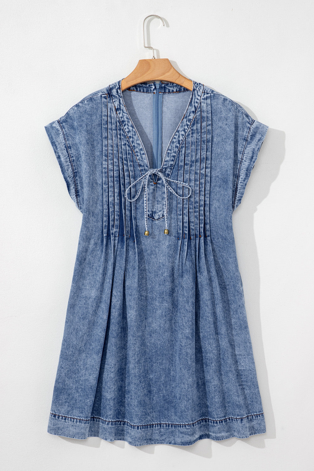 Beau Blue Tie V Neck Tucking Detail Short Sleeve Denim Shift Dress