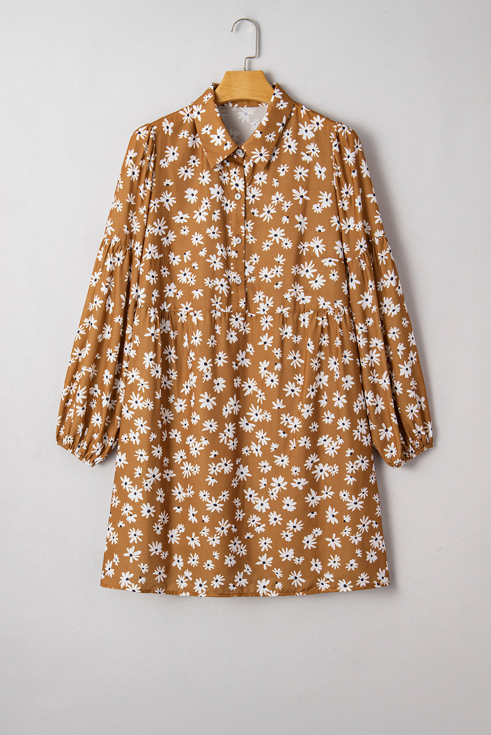 Khaki Plus Size Daisy Floral Print Button Split Neck Puff Sleeve Dress