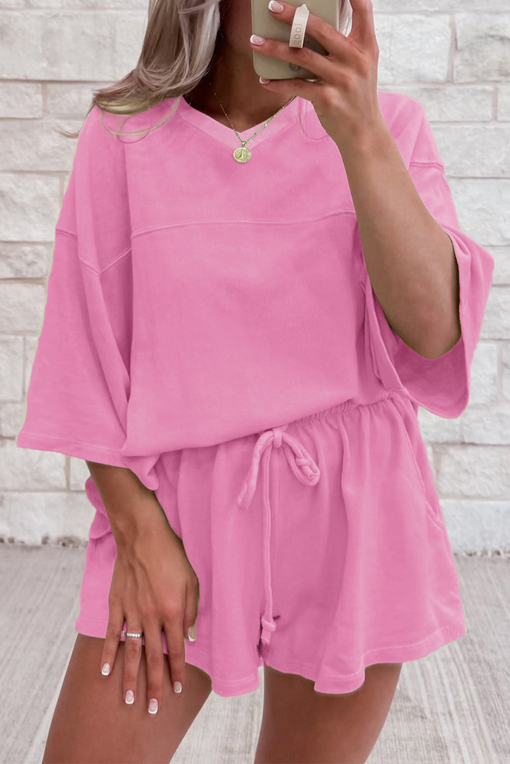 Sea Green Solid Loose V Neck Half Sleeve Tee and Shorts
