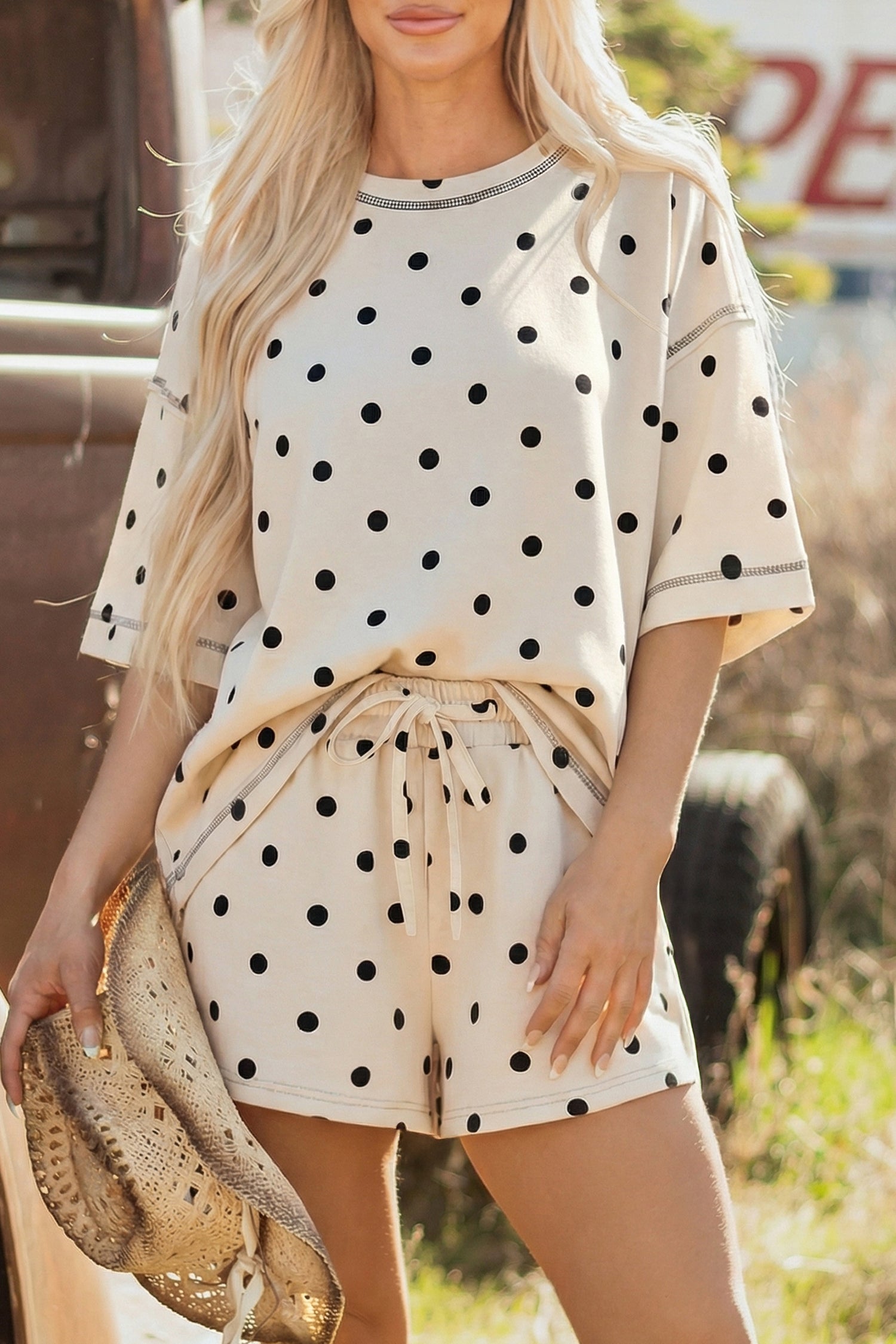 Pink Exposed Seam Detail Polka Dot Loose Tee Drawstring Shorts Set