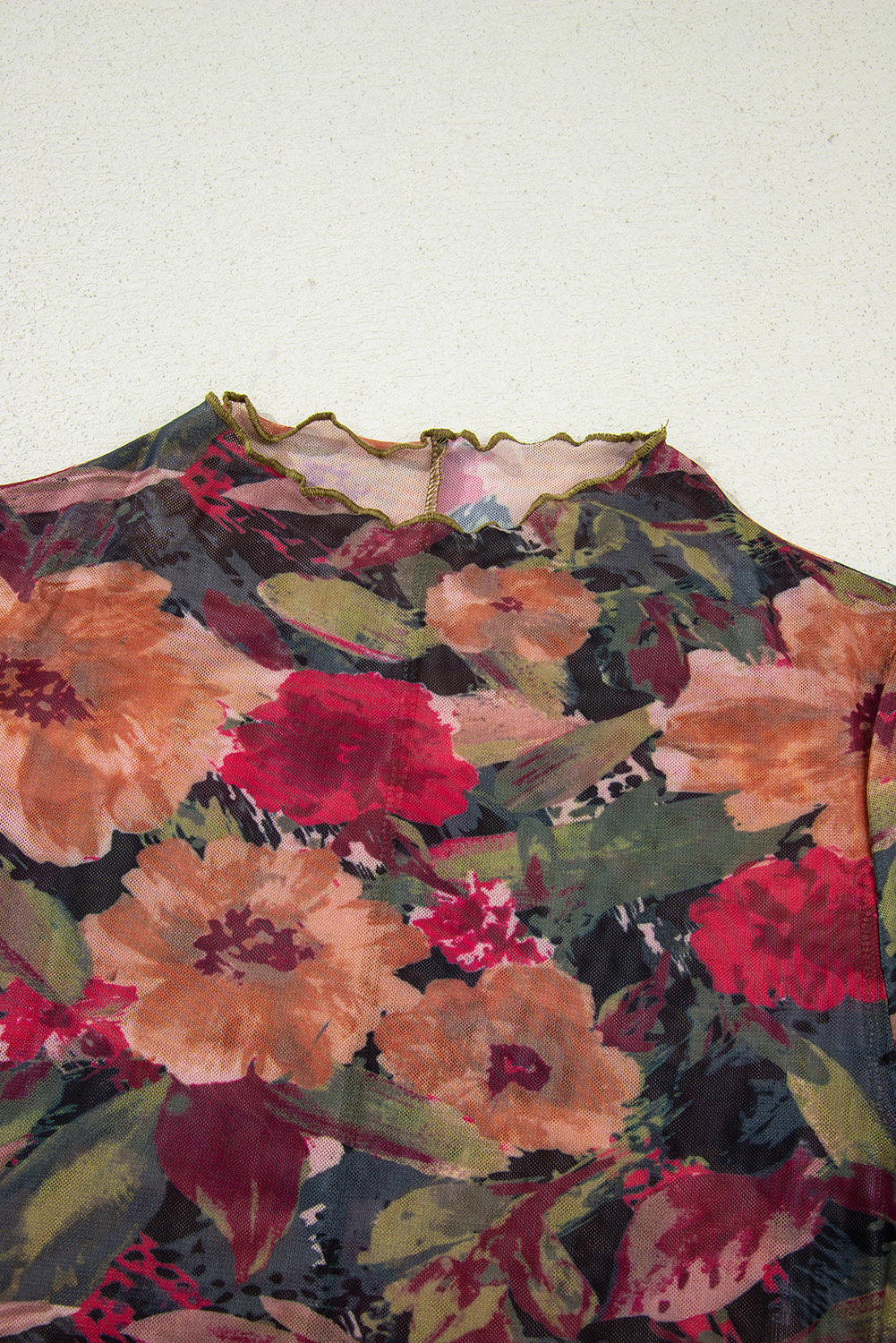 Multicolour Floral Print Lettuce Trim Long Sleeve Mesh Top