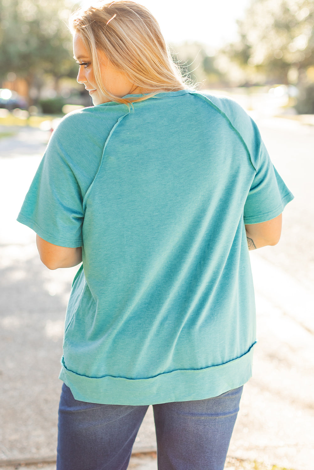 Mint Green Color Block Raglan Sleeve Buttoned Plus Size T Shirt