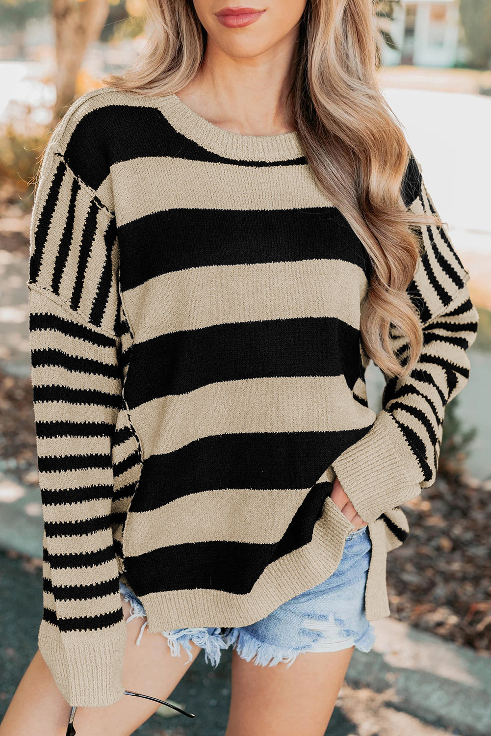 Brown Stripe Drop Shoulder Sleeve Patchwork Baggy Sweater