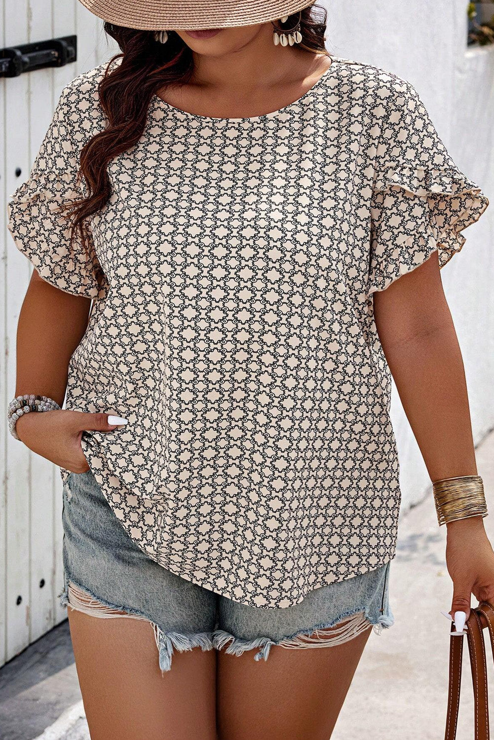 Khaki Plus Size Geometric Print Ruffled Sleeve Blouse