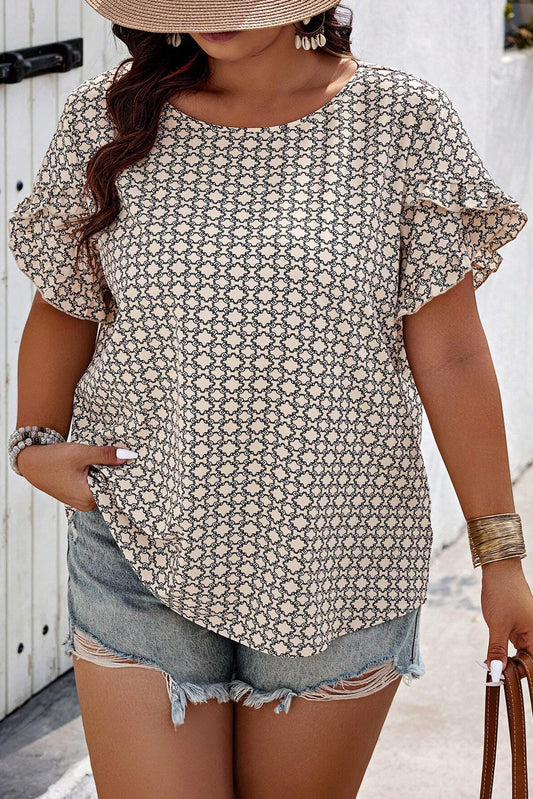 Khaki Plus Size Geometric Print Ruffled Sleeve Blouse