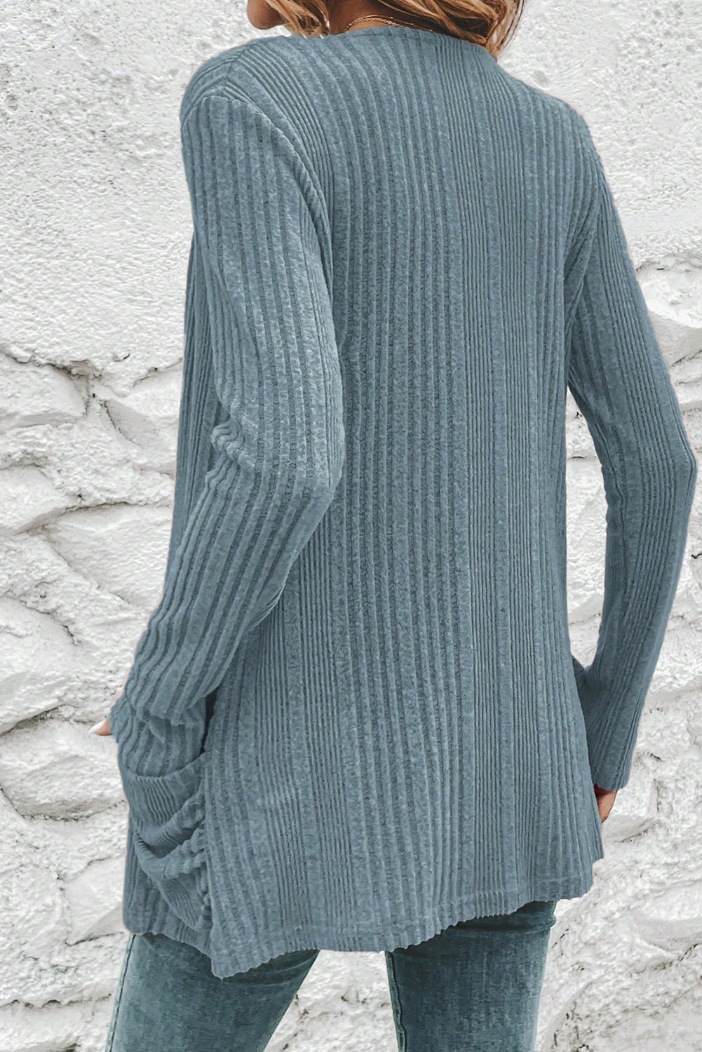 Black Ribbed Open Front Knitted Top with Pockets