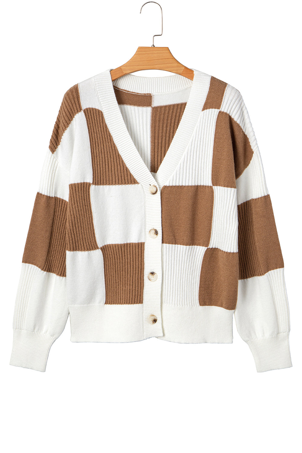 Khaki Checkered Pattern Ribbed Detail Button V Neck Sweater Cardigan