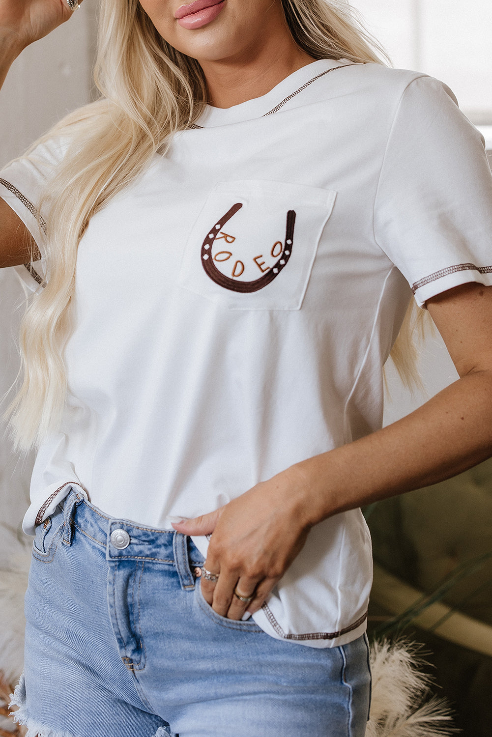 Apricot RODEO Horseshoe Embroidered Patch Pocket T Shirt