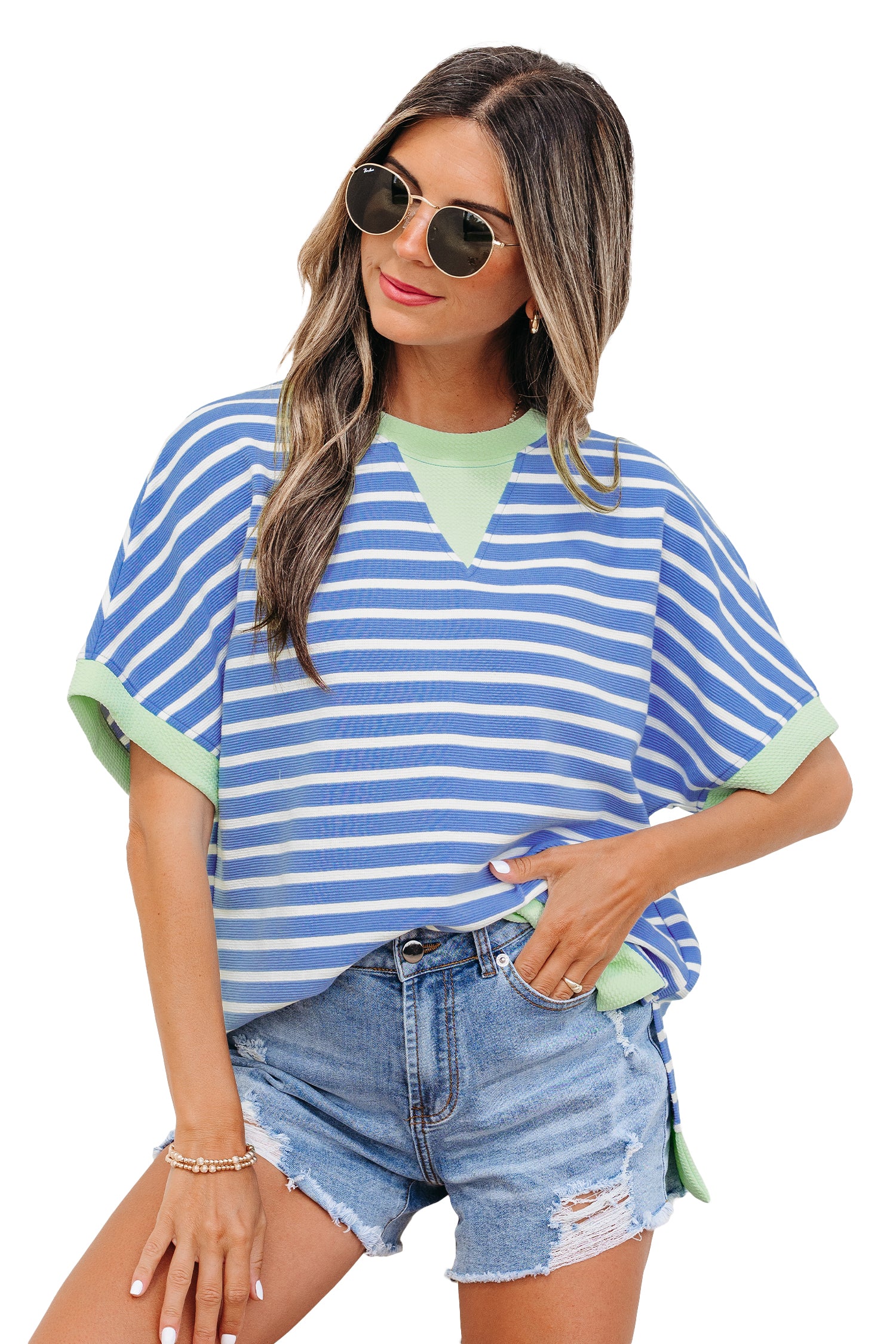 Pink Stripe Contrast Trim Loose Short Sleeve Top