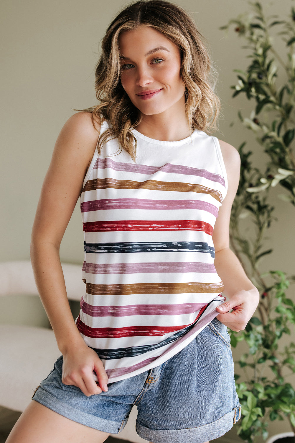 Red Stripe Rainbow Round Neck Tank Top