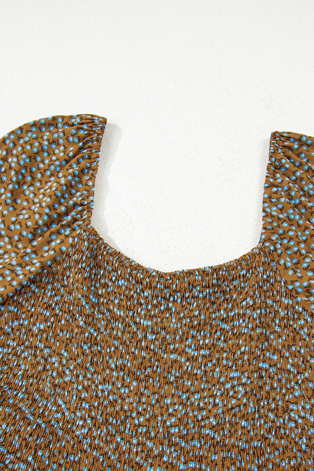 Brown Floral Print Western Smocked Bodice Square Neck Wide Leg Jumpsuit