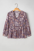 Blue Boho Flower Print 3/4 Sleeve Babydoll Blouse