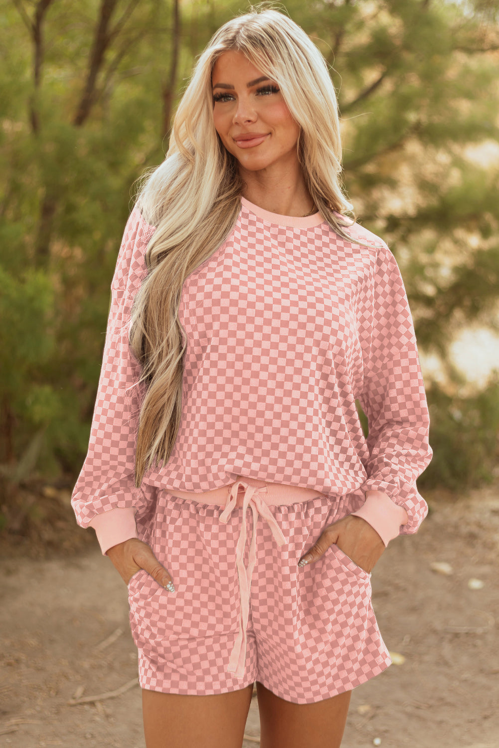 Sky Blue Checkerboard Long Sleeve Pullover and Shorts Set