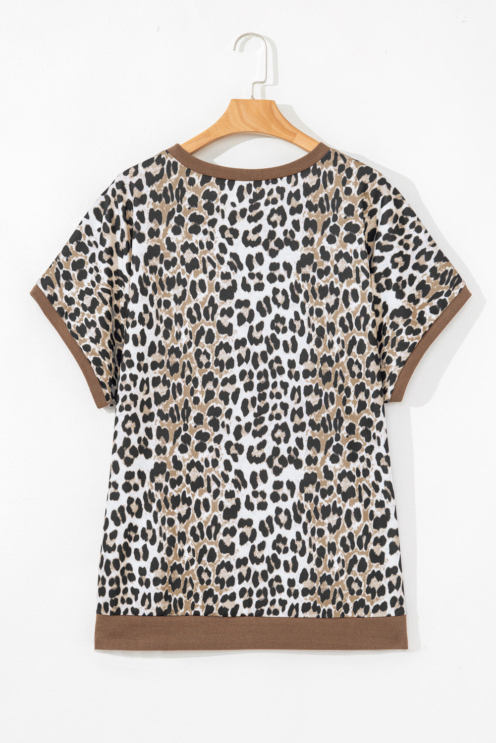 Khaki Leopard Contrast Trim Short Sleeve Loose Plus Size Top