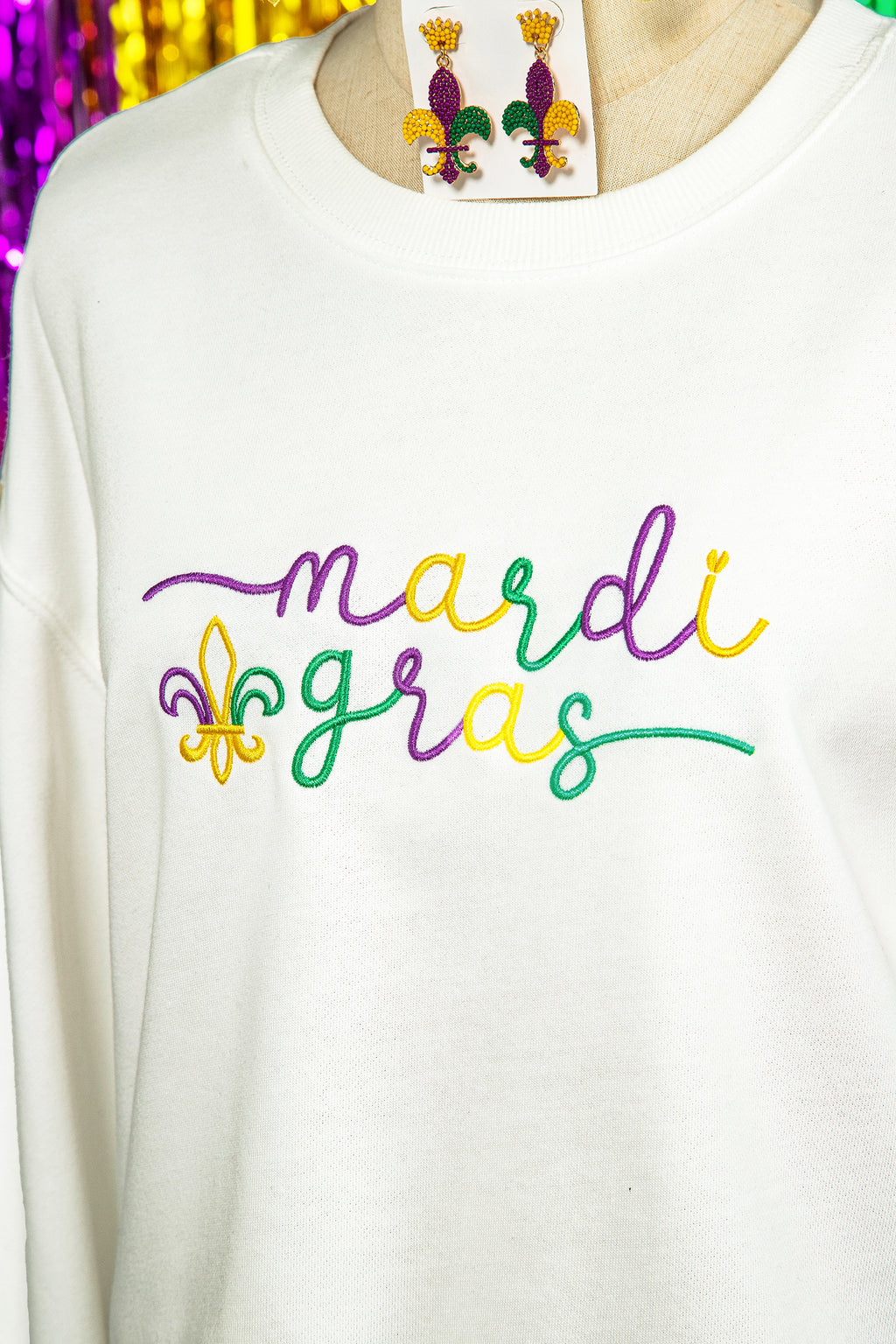 White mardi gras Fleur De Lis Embroidered Graphic Pullover Sweatshirt