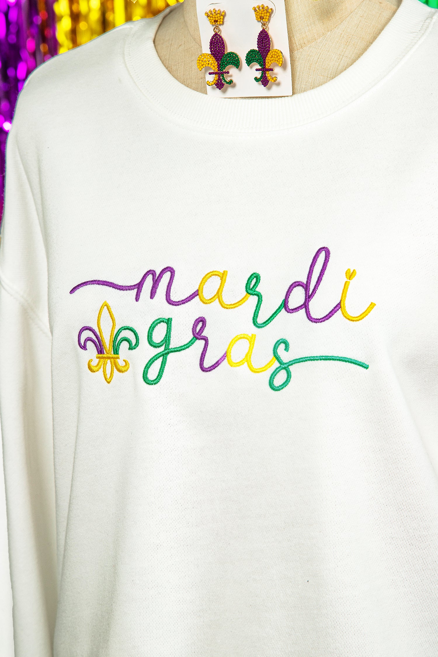 White mardi gras Fleur De Lis Embroidered Graphic Pullover Sweatshirt