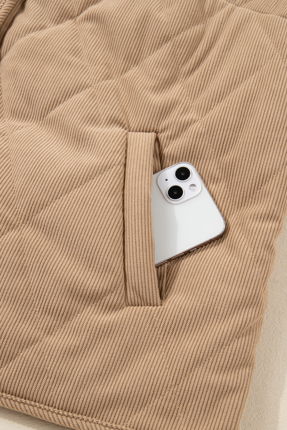 Camel Plus Size Quilted Cord Snap Button Vest Jacket